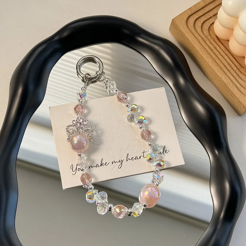 A1090 30cm Crown Phone Lanyard with Removable Blank White Card Alloy Beaded Chain Crystal Pearl Bead Phone Charm Wrist Strap - Pink - 2