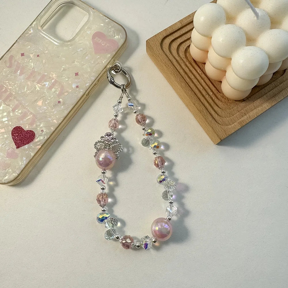 A1090 30cm Crown Phone Lanyard with Removable Blank White Card Alloy Beaded Chain Crystal Pearl Bead Phone Charm Wrist Strap - Pink - 3