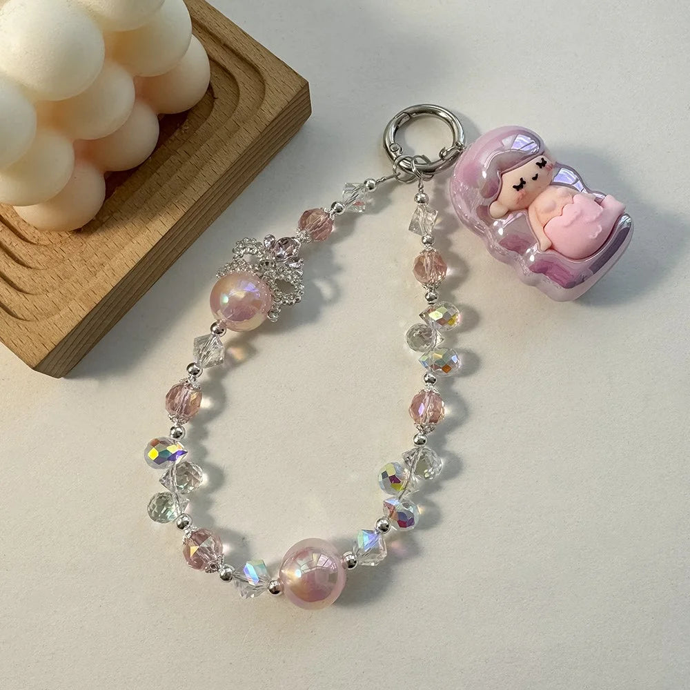 A1090 30cm Crown Phone Lanyard with Removable Blank White Card Alloy Beaded Chain Crystal Pearl Bead Phone Charm Wrist Strap - Pink - 4