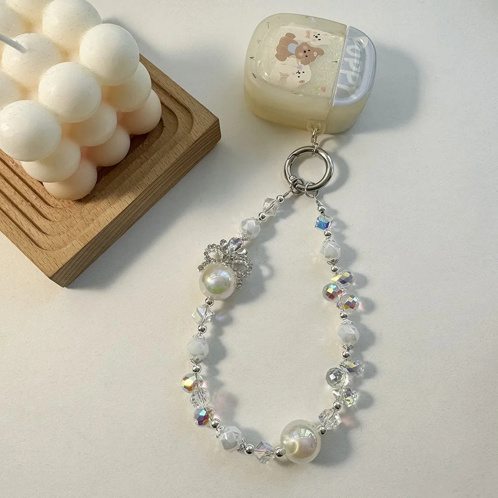 A1090 30cm Crown Phone Lanyard with Removable Blank White Card Alloy Beaded Chain Crystal Pearl Bead Phone Charm Wrist Strap - Pink - 5