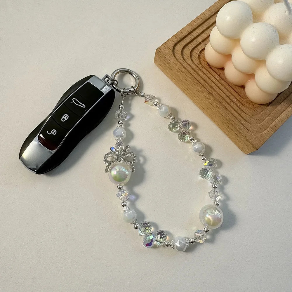 A1090 30cm Crown Phone Lanyard with Removable Blank White Card Alloy Beaded Chain Crystal Pearl Bead Phone Charm Wrist Strap - Pink - 6