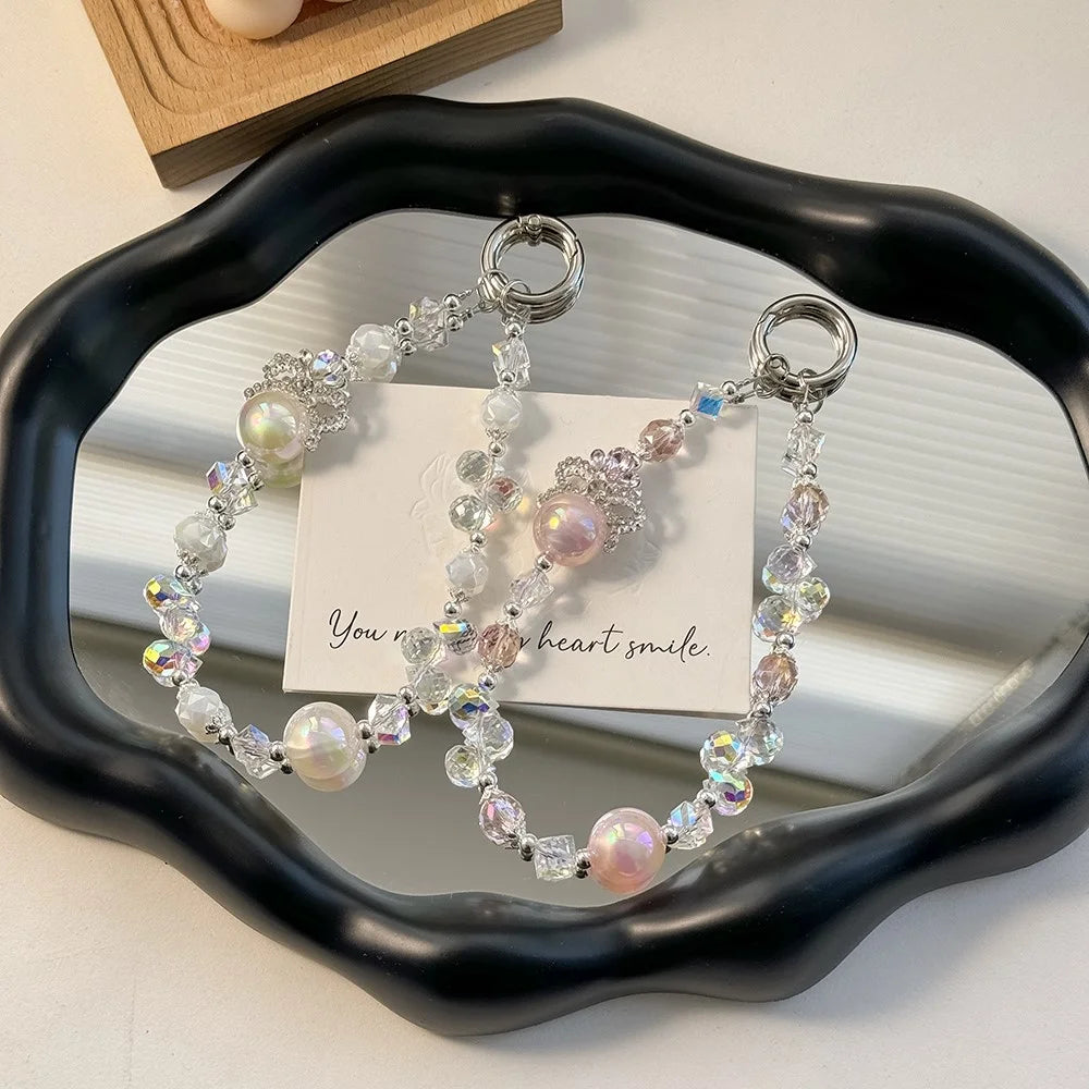A1090 30cm Crown Phone Lanyard with Removable Blank White Card Alloy Beaded Chain Crystal Pearl Bead Phone Charm Wrist Strap - Pink - 7