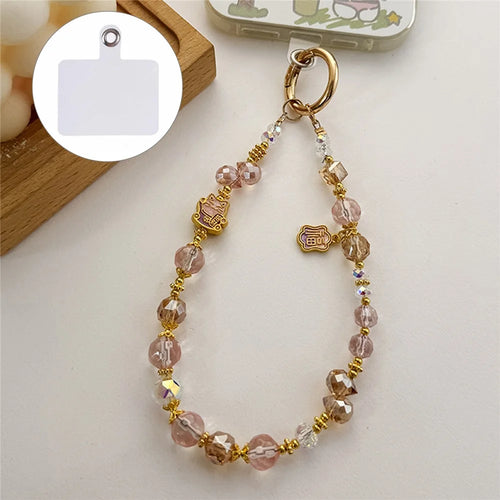 A1120 30cm Lucky Cat Design Phone Lanyard with Removable Blank White Card Beaded Chain Pearl Bead Phone Charm Wrist Strap - Pink - 1