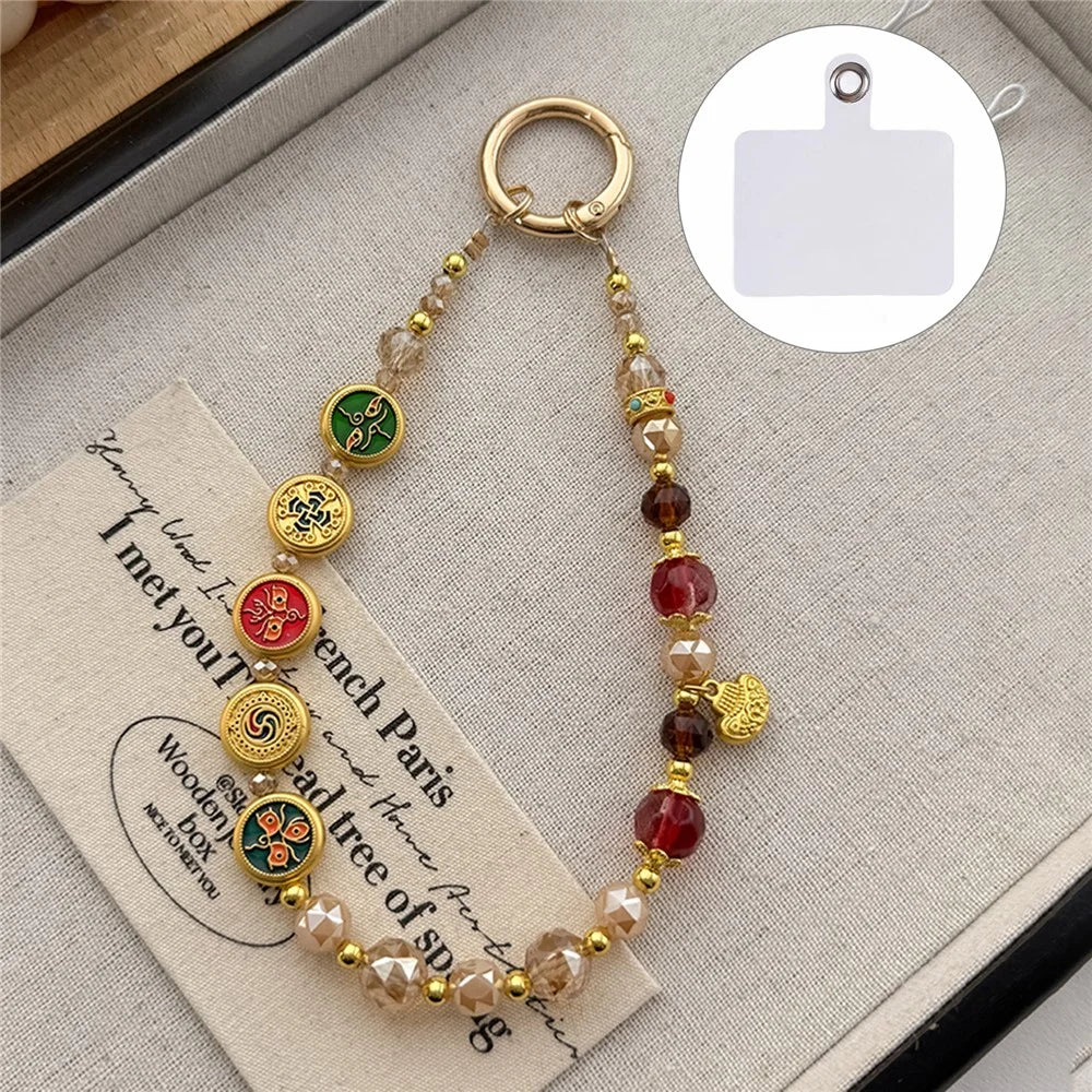 A1123 30cm Chinese Lucky Design Phone Lanyard with Removable Blank White Card Crystal Beads Enamel Pendants Phone Charm Wrist Strap - Green - 1