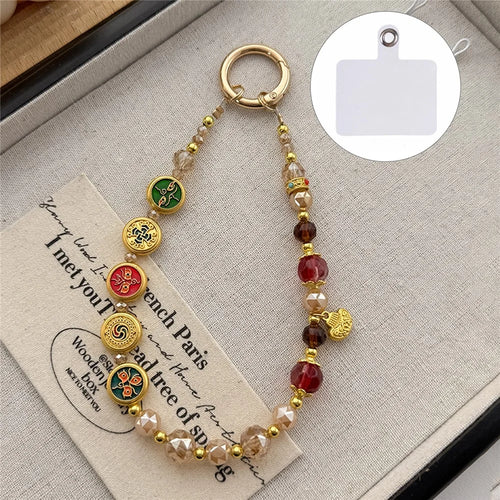 A1123 30cm Chinese Lucky Design Phone Lanyard with Removable Blank White Card Crystal Beads Enamel Pendants Phone Charm Wrist Strap - Green - 1