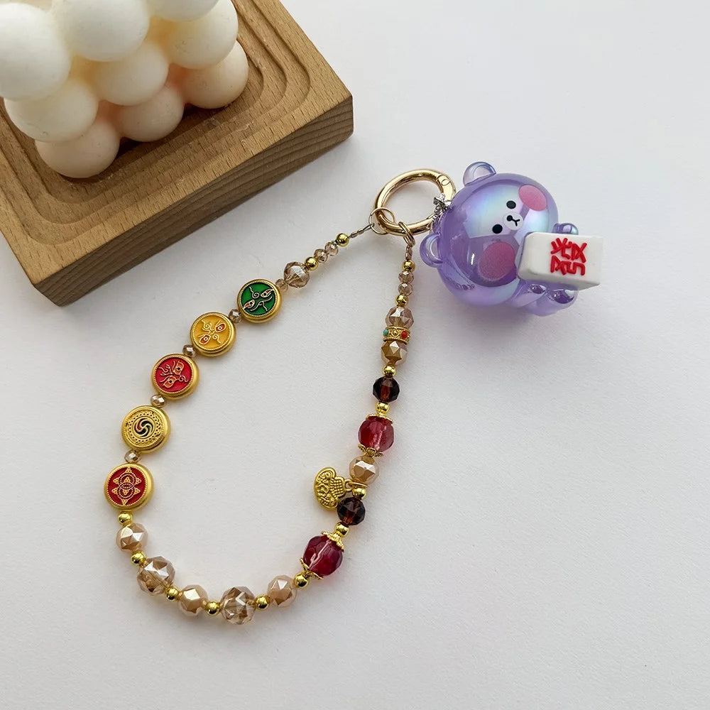 A1123 30cm Chinese Lucky Design Phone Lanyard with Removable Blank White Card Crystal Beads Enamel Pendants Phone Charm Wrist Strap - Green - 4