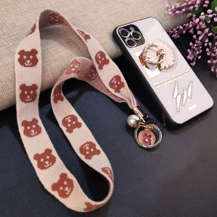 Mobile Phone Lanyard Bear Prints Cotton Phone Strap Pendant Phone Tether Lanyard Key Chain Strap - Khaki - 4