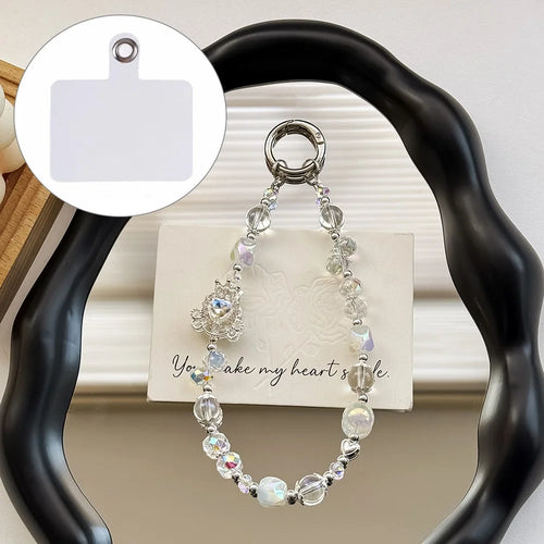 A1127 30cm Phone Lanyard Crown Carriage Crystal Beaded Metal Spring Hook Charm Strap with Removable Blank White Card - White - 1