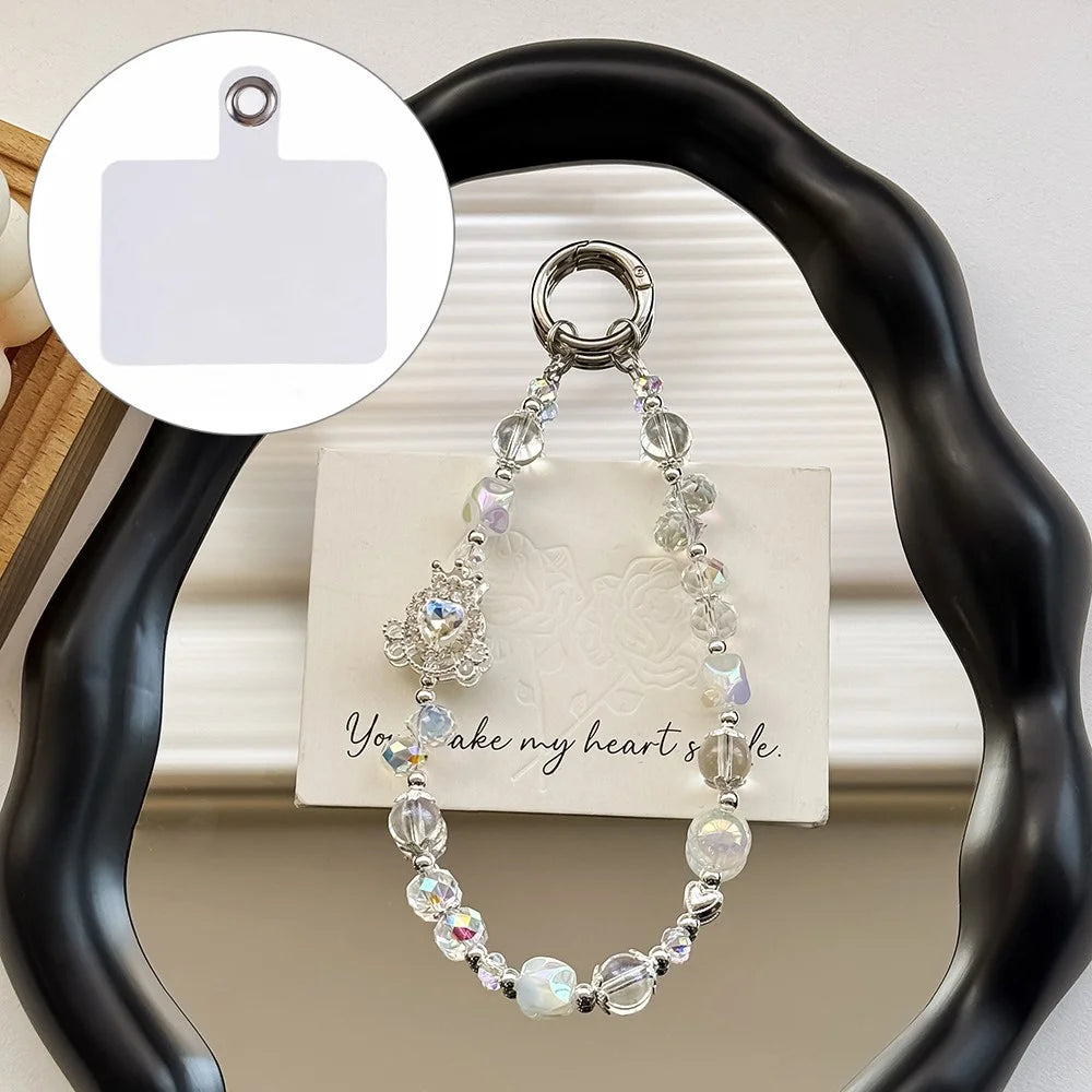 A1127 30cm Phone Lanyard Crown Carriage Crystal Beaded Metal Spring Hook Charm Strap with Removable Blank White Card - White - 1