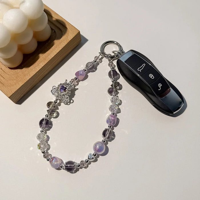 A1127 30cm Phone Lanyard Crown Carriage Crystal Beaded Metal Spring Hook Charm Strap with Removable Blank White Card - White - 3