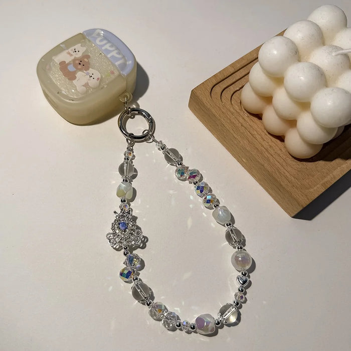 A1127 30cm Phone Lanyard Crown Carriage Crystal Beaded Metal Spring Hook Charm Strap with Removable Blank White Card - White - 4