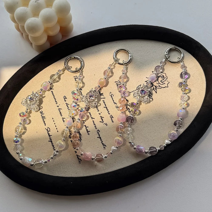 A1127 30cm Phone Lanyard Crown Carriage Crystal Beaded Metal Spring Hook Charm Strap with Removable Blank White Card - White - 5