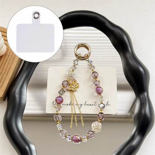 A1149 30cm Phone Lanyard Butterfly Design Metal Clasp Crystal Beads Phone Charm Wrist Strap with Removable Blank White Card - Purple - 1