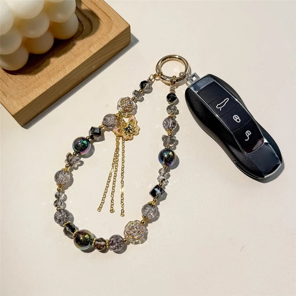 A1149 30cm Phone Lanyard Butterfly Design Metal Clasp Crystal Beads Phone Charm Wrist Strap with Removable Blank White Card - Purple - 2