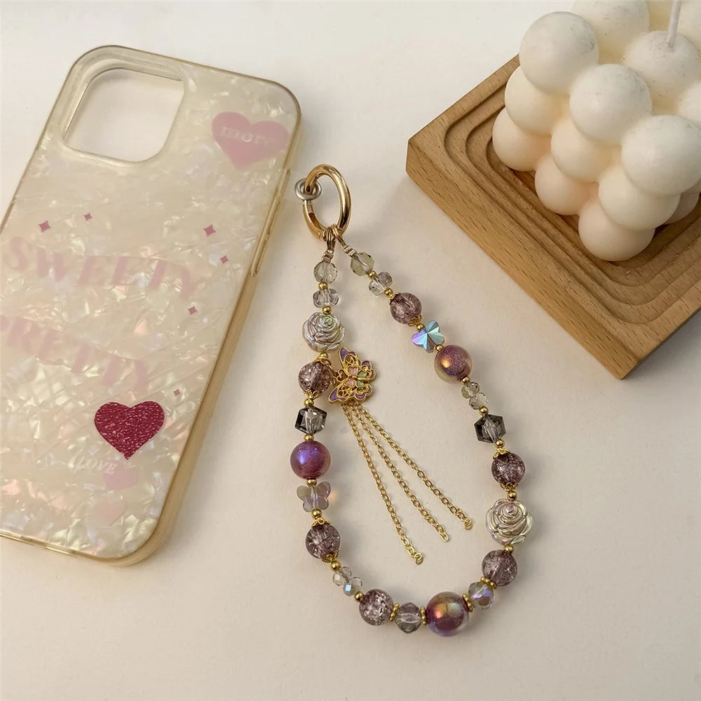 A1149 30cm Phone Lanyard Butterfly Design Metal Clasp Crystal Beads Phone Charm Wrist Strap with Removable Blank White Card - Purple - 3