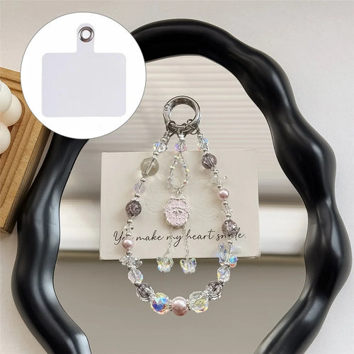 A1152 30cm Ballet Dancer Phone Lanyard Crystal Beads Chain Butterfly Phone Charm Wrist Strap with Removable Blank White Card - Pink - 1