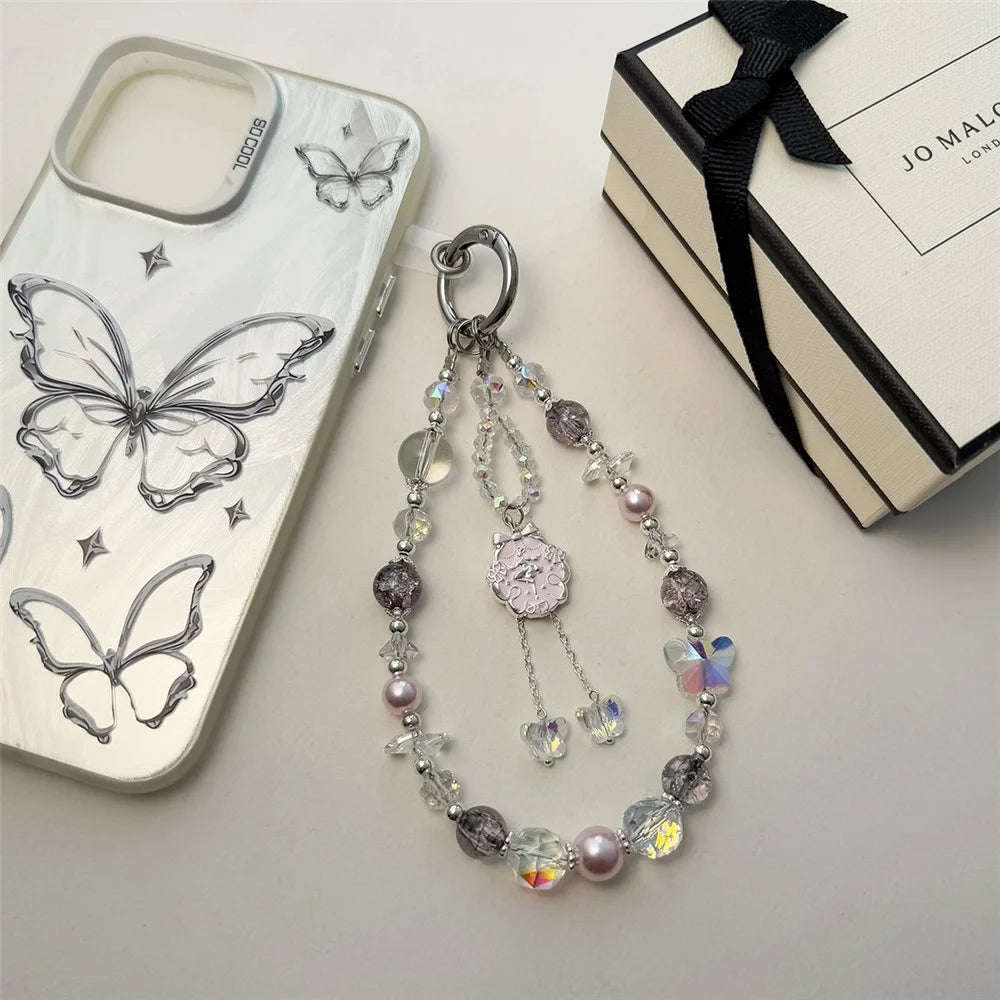 A1152 30cm Ballet Dancer Phone Lanyard Crystal Beads Chain Butterfly Phone Charm Wrist Strap with Removable Blank White Card - Pink - 2