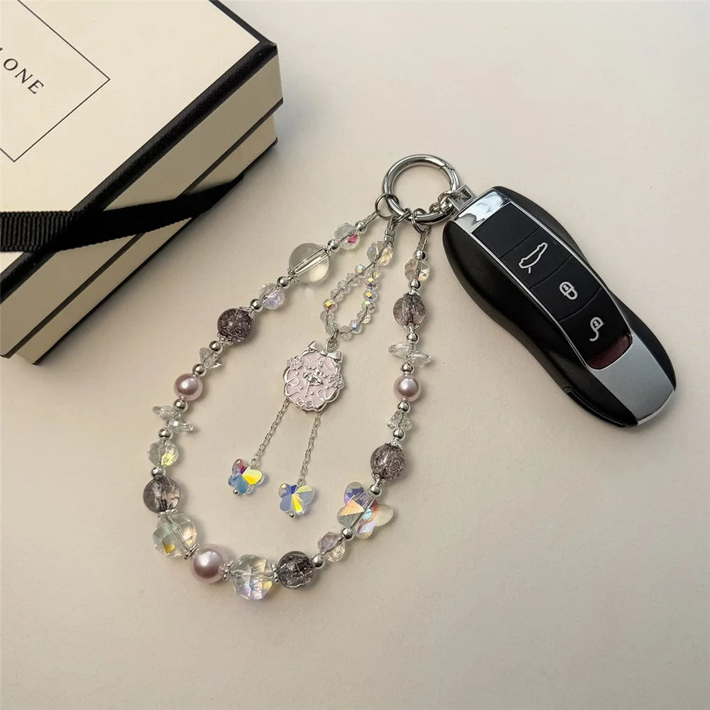 A1152 30cm Ballet Dancer Phone Lanyard Crystal Beads Chain Butterfly Phone Charm Wrist Strap with Removable Blank White Card - Pink - 3