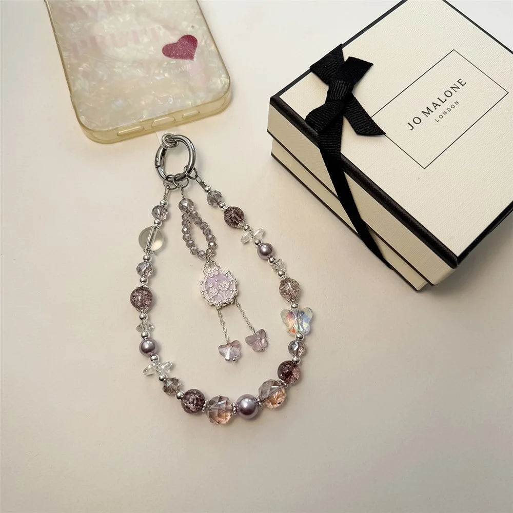 A1152 30cm Ballet Dancer Phone Lanyard Crystal Beads Chain Butterfly Phone Charm Wrist Strap with Removable Blank White Card - Pink - 4