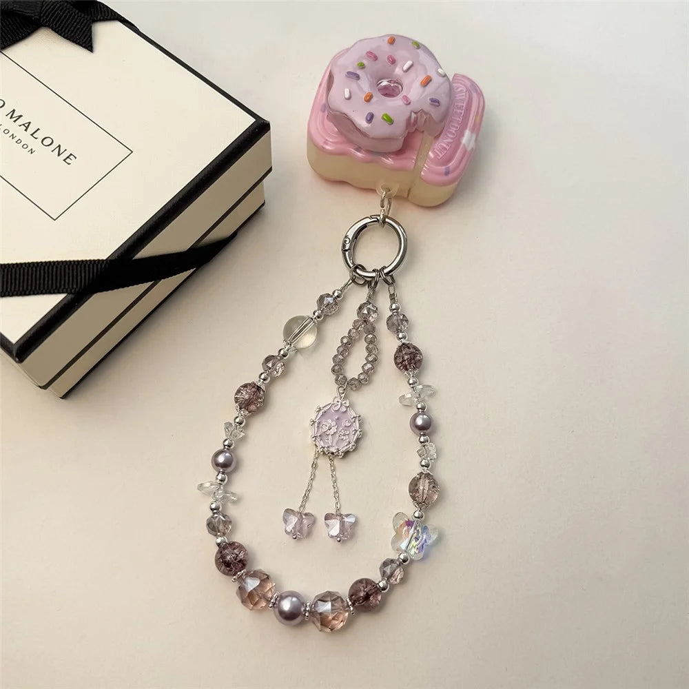 A1152 30cm Ballet Dancer Phone Lanyard Crystal Beads Chain Butterfly Phone Charm Wrist Strap with Removable Blank White Card - Pink - 5