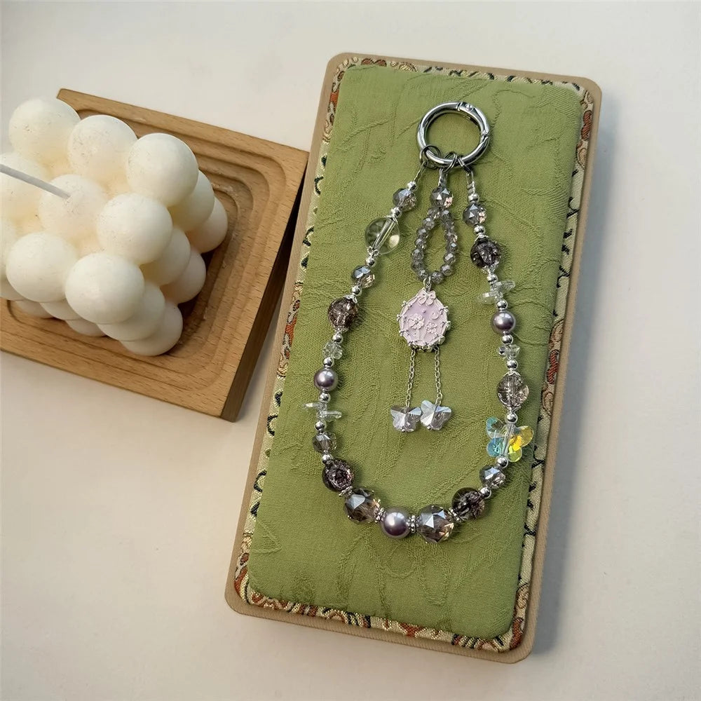 A1152 30cm Ballet Dancer Phone Lanyard Crystal Beads Chain Butterfly Phone Charm Wrist Strap with Removable Blank White Card - Pink - 6
