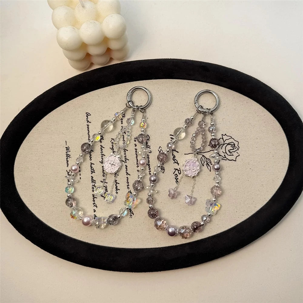 A1152 30cm Ballet Dancer Phone Lanyard Crystal Beads Chain Butterfly Phone Charm Wrist Strap with Removable Blank White Card - Pink - 7