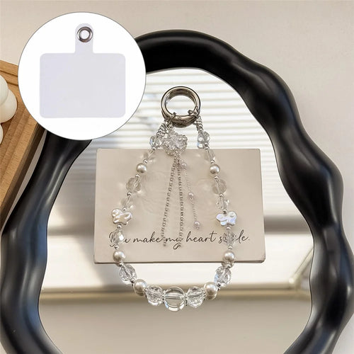 A1155 30cm Phone Lanyard Pearl Butterfly Tassel Crystal Beads Phone Charm Wrist Strap Mobile Key Chain Accessories - White - 1