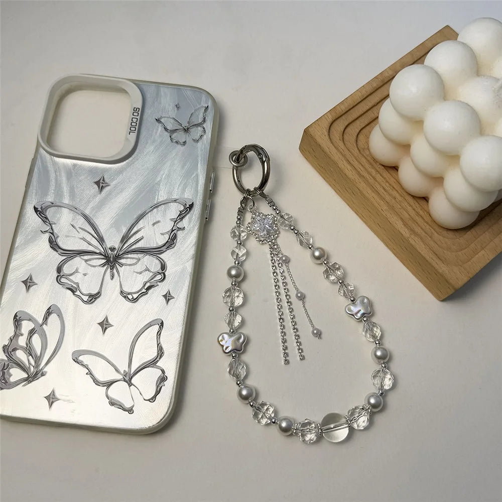 A1155 30cm Phone Lanyard Pearl Butterfly Tassel Crystal Beads Phone Charm Wrist Strap Mobile Key Chain Accessories - White - 2
