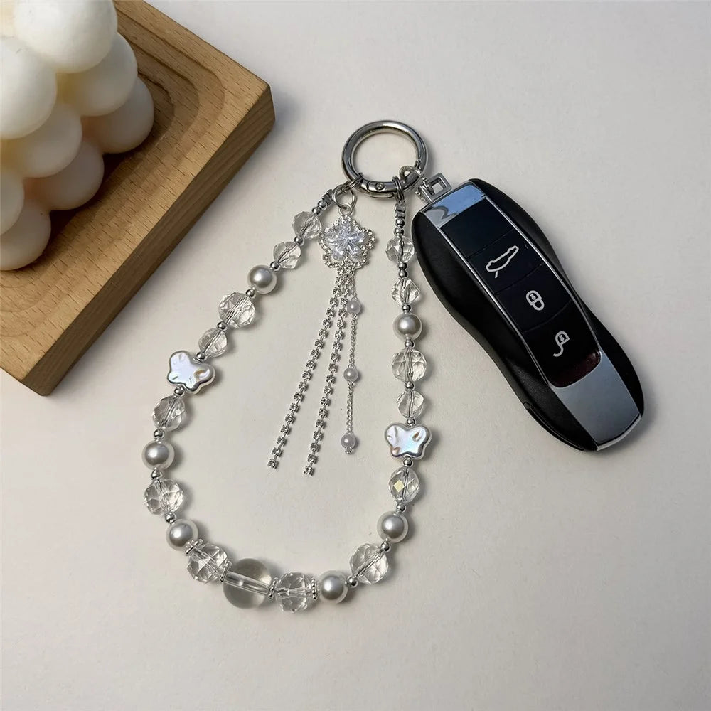 A1155 30cm Phone Lanyard Pearl Butterfly Tassel Crystal Beads Phone Charm Wrist Strap Mobile Key Chain Accessories - White - 3