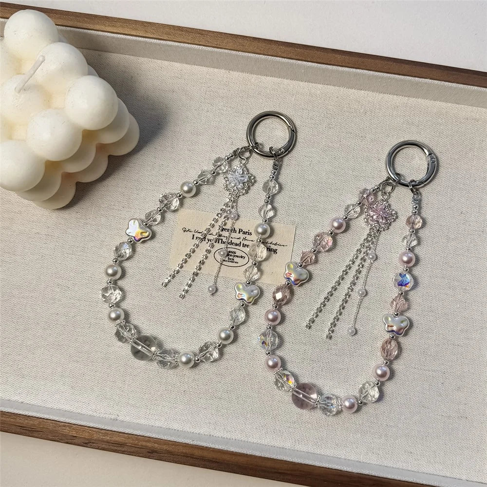 A1155 30cm Phone Lanyard Pearl Butterfly Tassel Crystal Beads Phone Charm Wrist Strap Mobile Key Chain Accessories - White - 4
