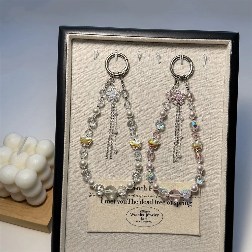 A1155 30cm Phone Lanyard Pearl Butterfly Tassel Crystal Beads Phone Charm Wrist Strap Mobile Key Chain Accessories - White - 5