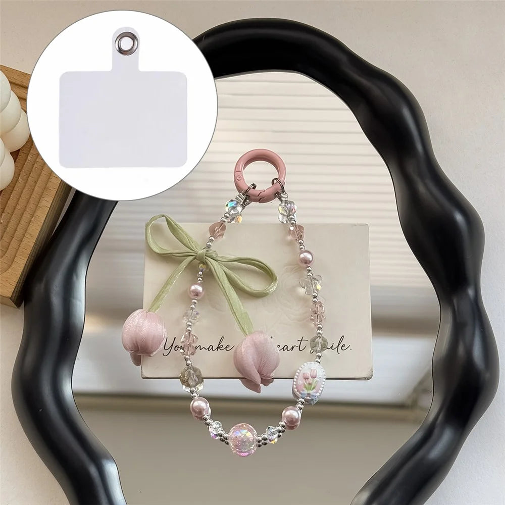 A1153 30cm Tulip Bow Pendant Phone Lanyard Crystal Pearl Beaded Phone Charm Wrist Strap with Removable Blank White Card - Pink - 1