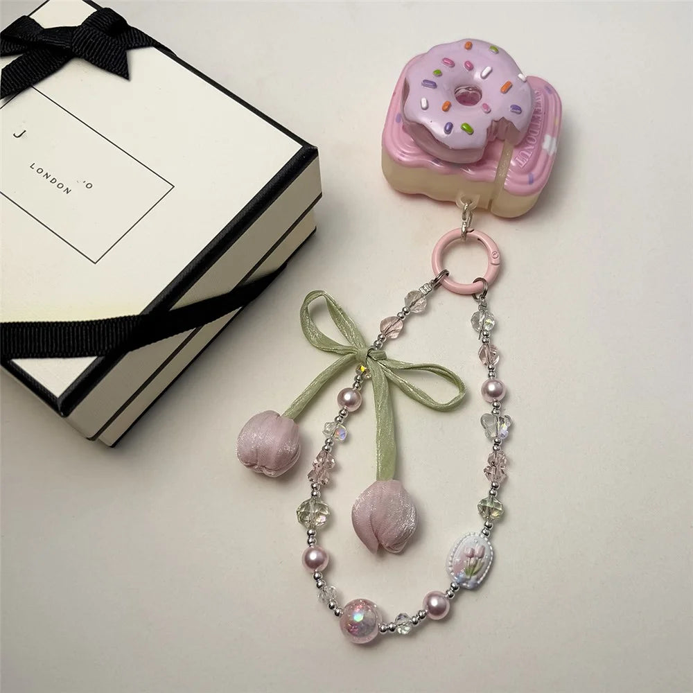 A1153 30cm Tulip Bow Pendant Phone Lanyard Crystal Pearl Beaded Phone Charm Wrist Strap with Removable Blank White Card - Pink - 2