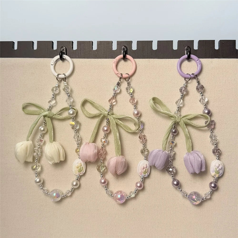 A1153 30cm Tulip Bow Pendant Phone Lanyard Crystal Pearl Beaded Phone Charm Wrist Strap with Removable Blank White Card - Pink - 3