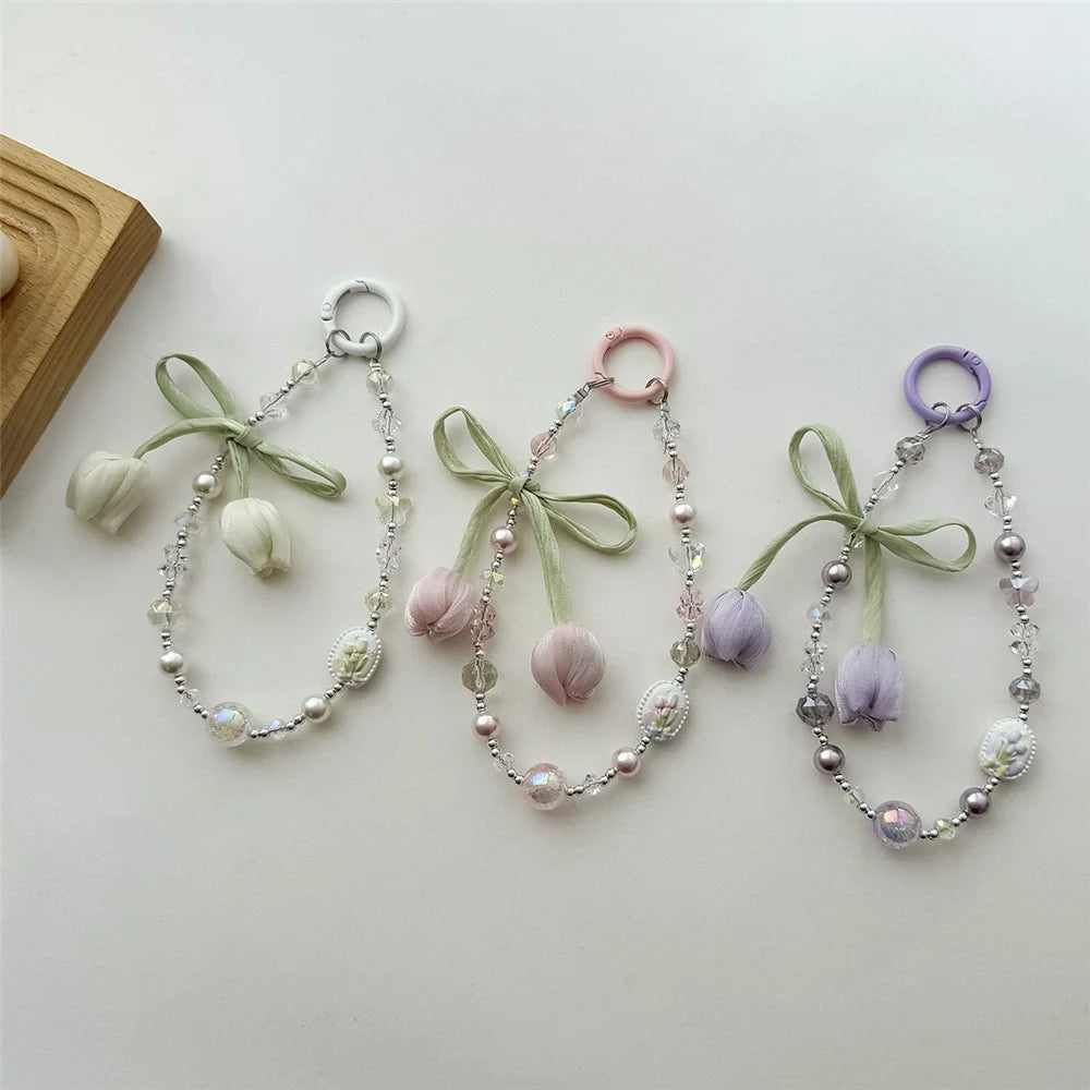 A1153 30cm Tulip Bow Pendant Phone Lanyard Crystal Pearl Beaded Phone Charm Wrist Strap with Removable Blank White Card - Pink - 5