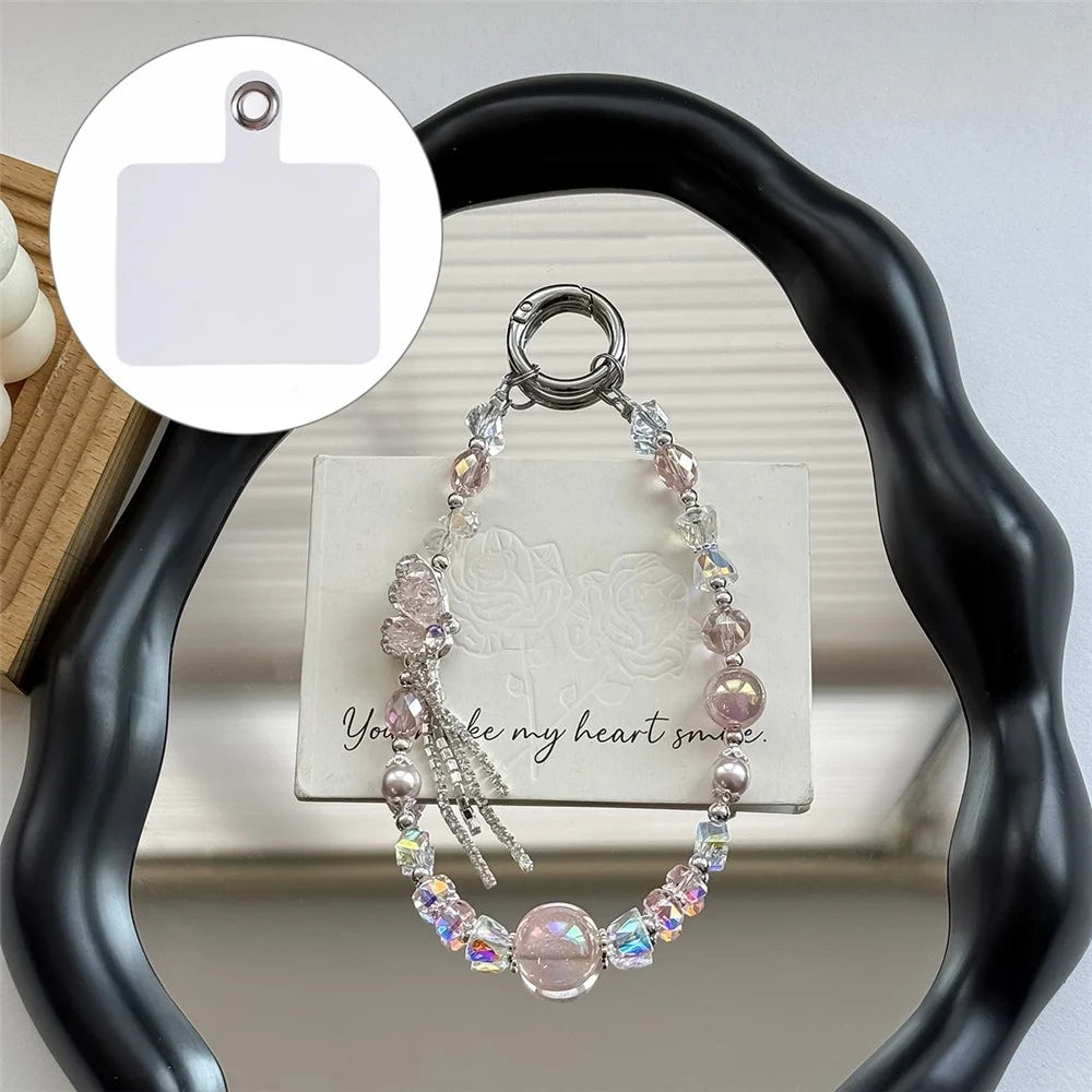 A1160 30cm Phone Lanyard Butterfly Crystal Beaded Metal Clasp Phone Charm Wrist Strap with Removable Blank White Card - Pink - 1