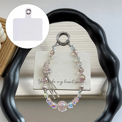 A1160 30cm Phone Lanyard Butterfly Crystal Beaded Metal Clasp Phone Charm Wrist Strap with Removable Blank White Card - Pink - 1