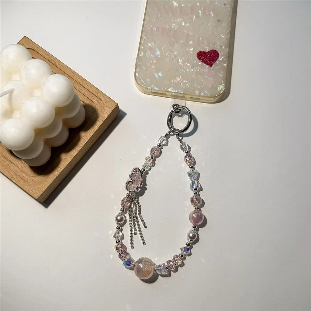 A1160 30cm Phone Lanyard Butterfly Crystal Beaded Metal Clasp Phone Charm Wrist Strap with Removable Blank White Card - Pink - 2