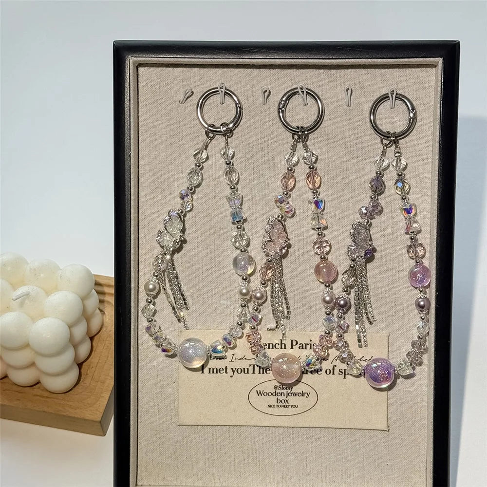 A1160 30cm Phone Lanyard Butterfly Crystal Beaded Metal Clasp Phone Charm Wrist Strap with Removable Blank White Card - Pink - 3