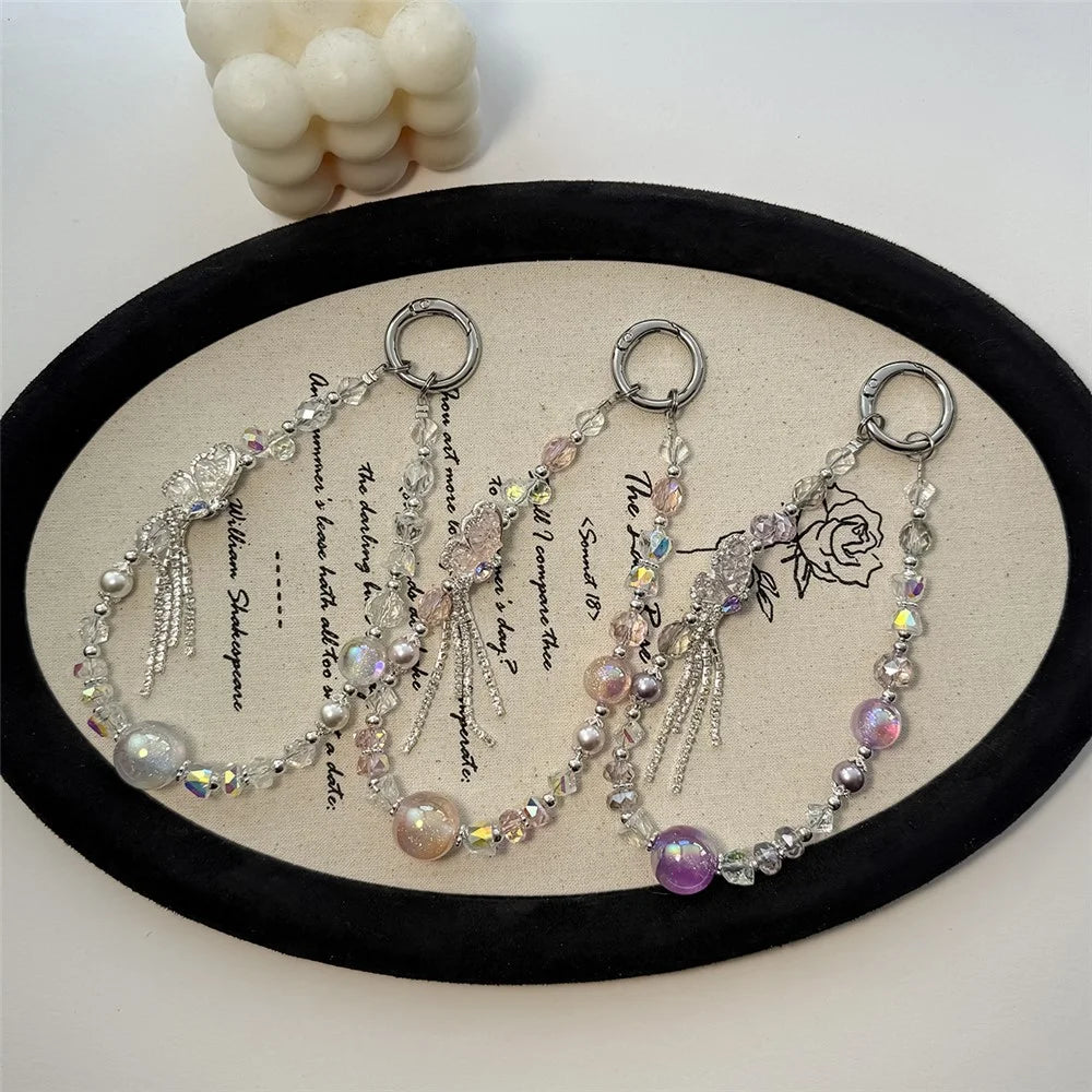 A1160 30cm Phone Lanyard Butterfly Crystal Beaded Metal Clasp Phone Charm Wrist Strap with Removable Blank White Card - Pink - 4