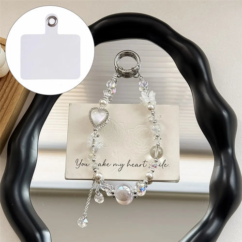 A1158 30cm Phone Lanyard Heart-shaped Crystal Pearl Keychain Phone Charm Wrist Strap with Removable Blank White Card - White - 1