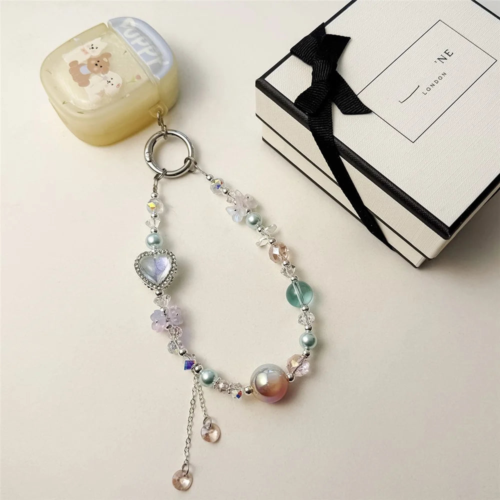 A1158 30cm Phone Lanyard Heart-shaped Crystal Pearl Keychain Phone Charm Wrist Strap with Removable Blank White Card - White - 2