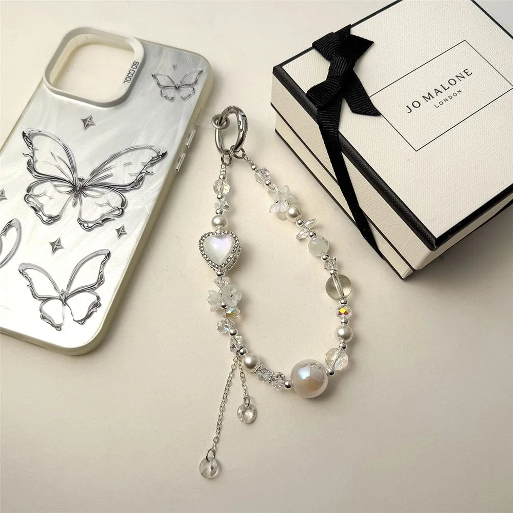 A1158 30cm Phone Lanyard Heart-shaped Crystal Pearl Keychain Phone Charm Wrist Strap with Removable Blank White Card - White - 3