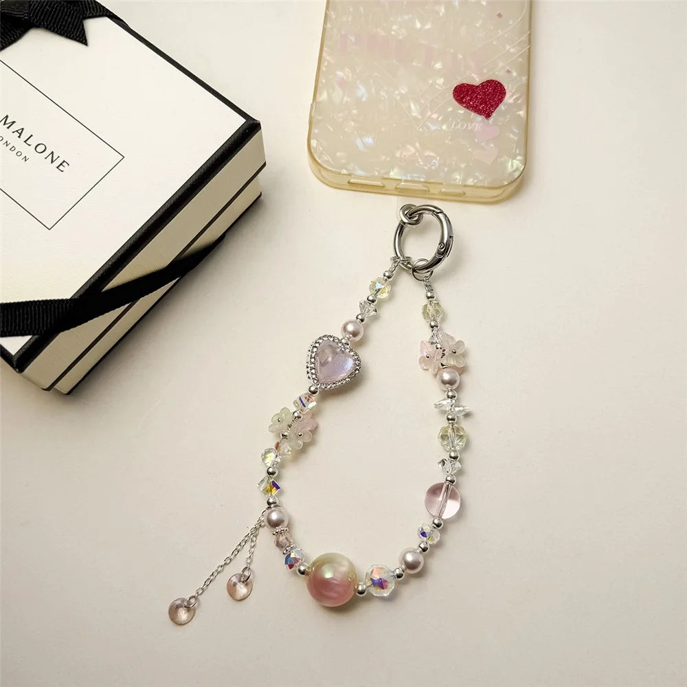 A1158 30cm Phone Lanyard Heart-shaped Crystal Pearl Keychain Phone Charm Wrist Strap with Removable Blank White Card - White - 4