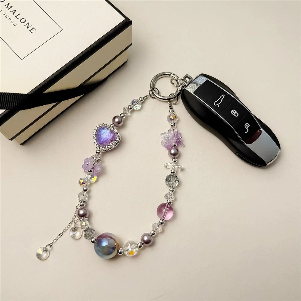 A1158 30cm Phone Lanyard Heart-shaped Crystal Pearl Keychain Phone Charm Wrist Strap with Removable Blank White Card - White - 5