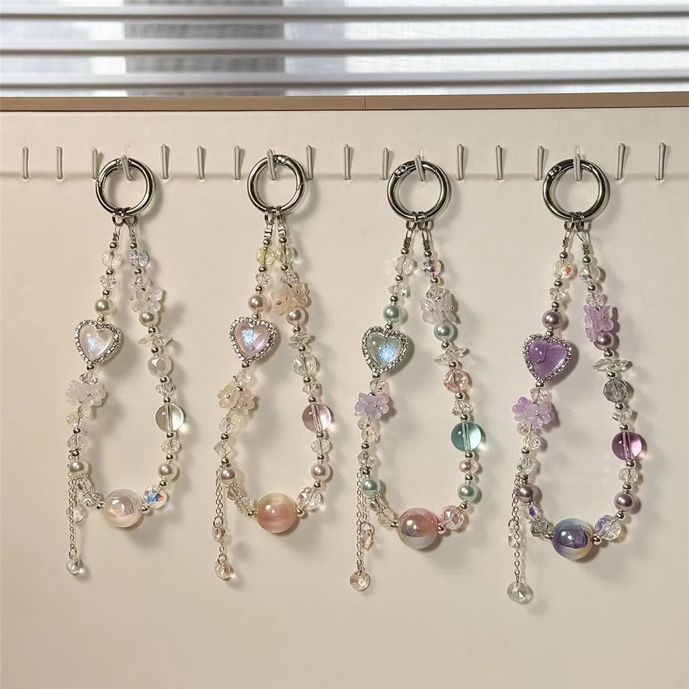 A1158 30cm Phone Lanyard Heart-shaped Crystal Pearl Keychain Phone Charm Wrist Strap with Removable Blank White Card - White - 6