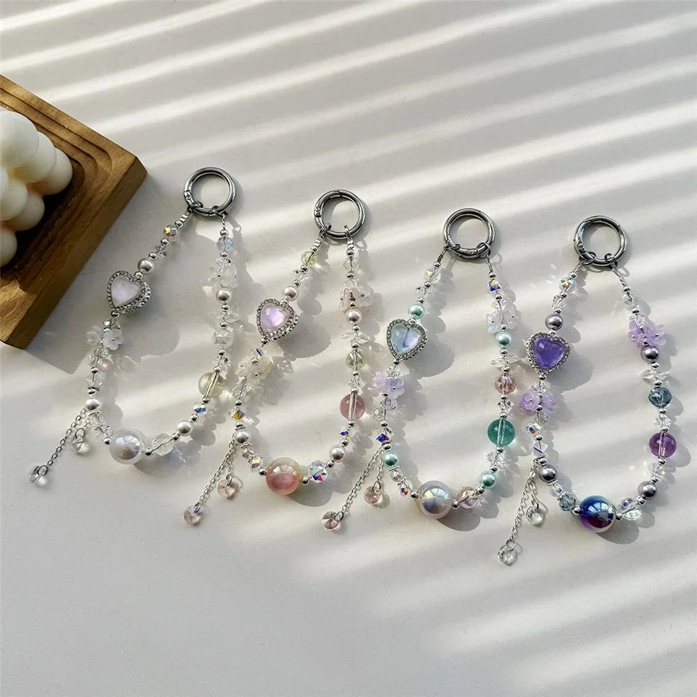 A1158 30cm Phone Lanyard Heart-shaped Crystal Pearl Keychain Phone Charm Wrist Strap with Removable Blank White Card - White - 7