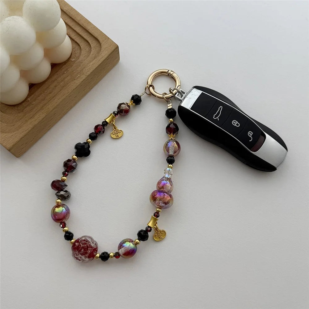 A1161 30cm Gourd Beaded Phone Lanyard Crystal Metal Clasp Phone Charm Wrist Strap with Removable Blank White Card Mobile Phone Accessories - Transparent White - 2