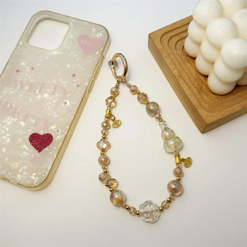 A1161 30cm Gourd Beaded Phone Lanyard Crystal Metal Clasp Phone Charm Wrist Strap with Removable Blank White Card Mobile Phone Accessories - Transparent White - 4