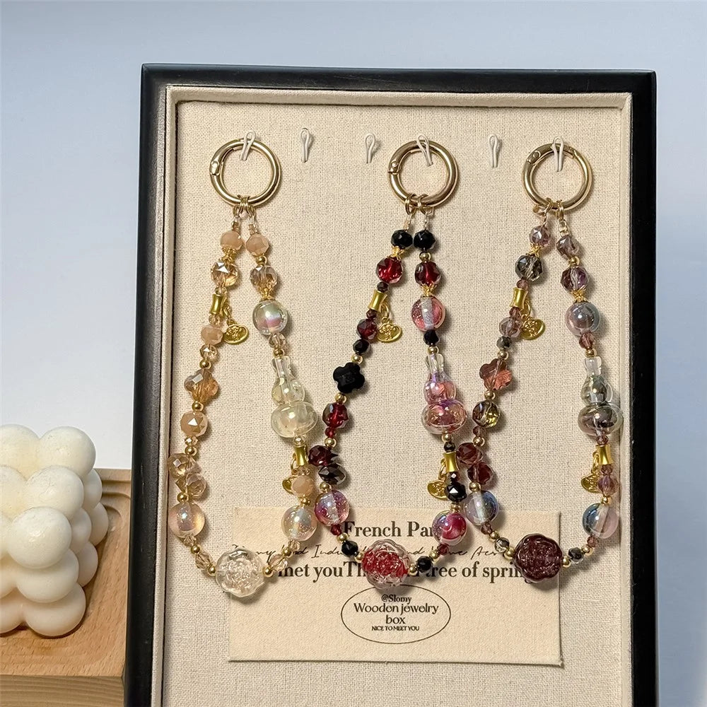 A1161 30cm Gourd Beaded Phone Lanyard Crystal Metal Clasp Phone Charm Wrist Strap with Removable Blank White Card Mobile Phone Accessories - Transparent White - 5